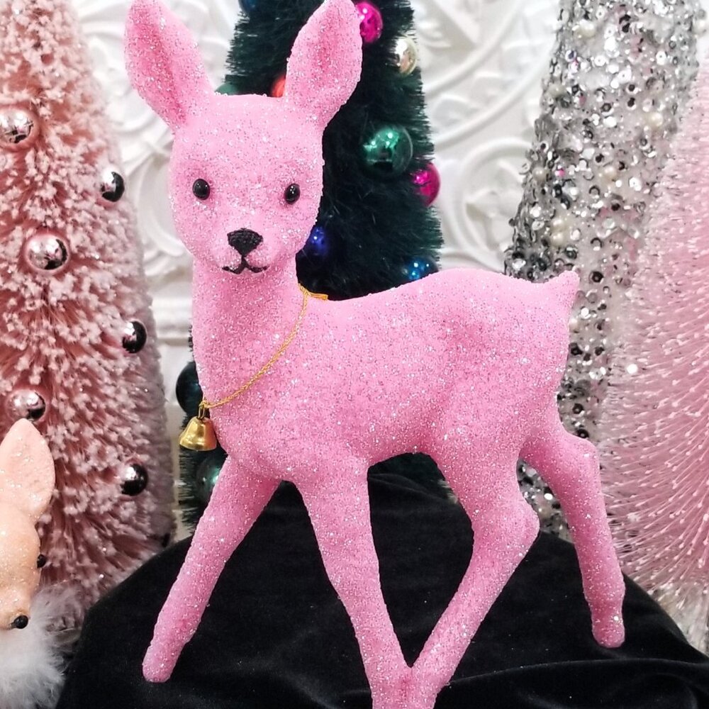 Pink Glitter Deer Christmas Figurine Bell Collar Glitter 9" Fawn